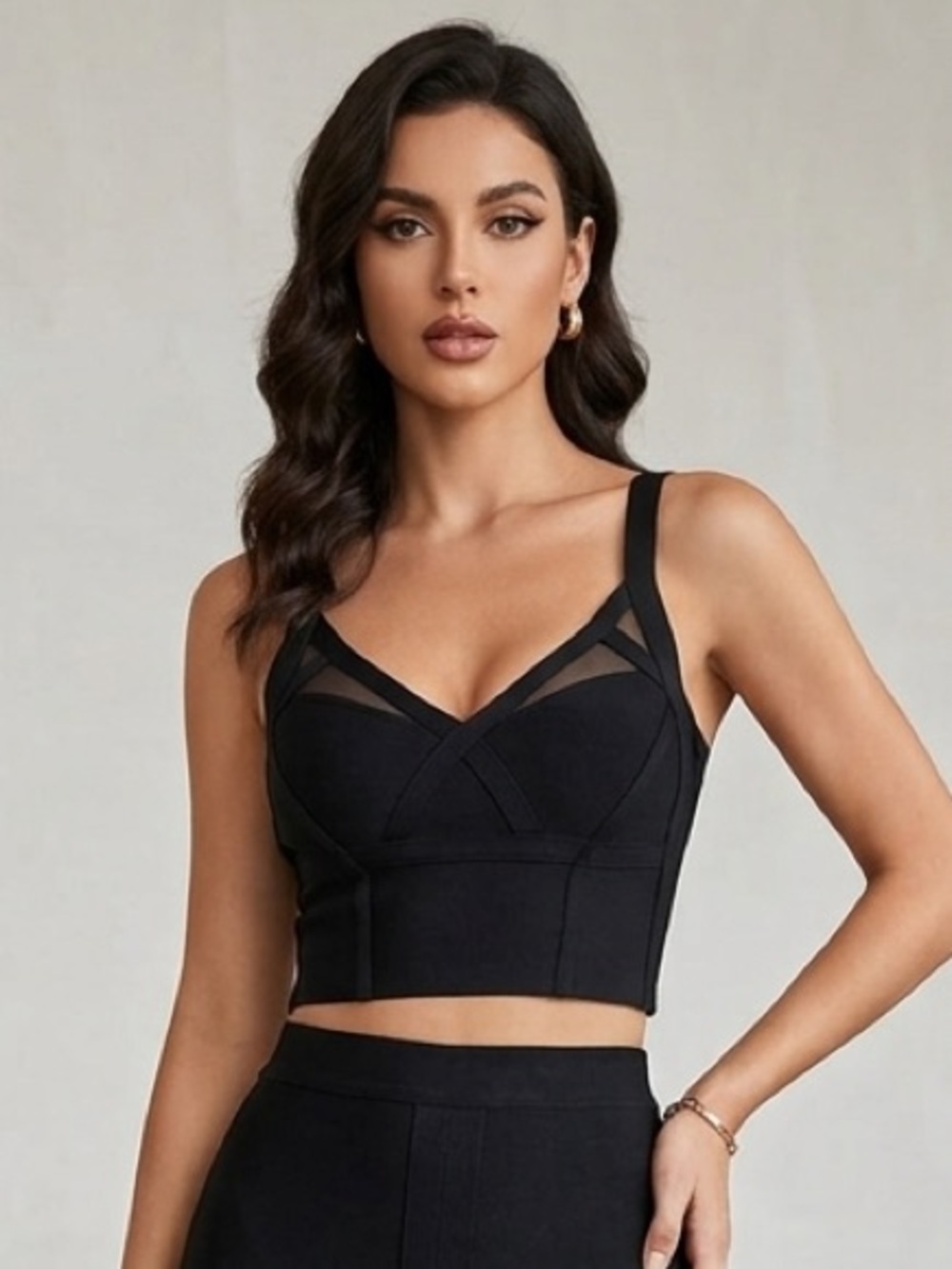 silence + noise Black Mesh-Panel Crop Top